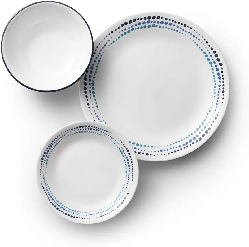 Corelle Vitrelle 18-Piece Service for 6 Dinnerware Set, Triple Layer Glass and Chip Resistant, Lightweight Round Plates and Bowls Set, Ocean Blue