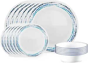 Corelle Vitrelle 18-Piece Service for 6 Dinnerware Set, Triple Layer Glass and Chip Resistant, Lightweight Round Plates and Bowls Set, Ocean Blue