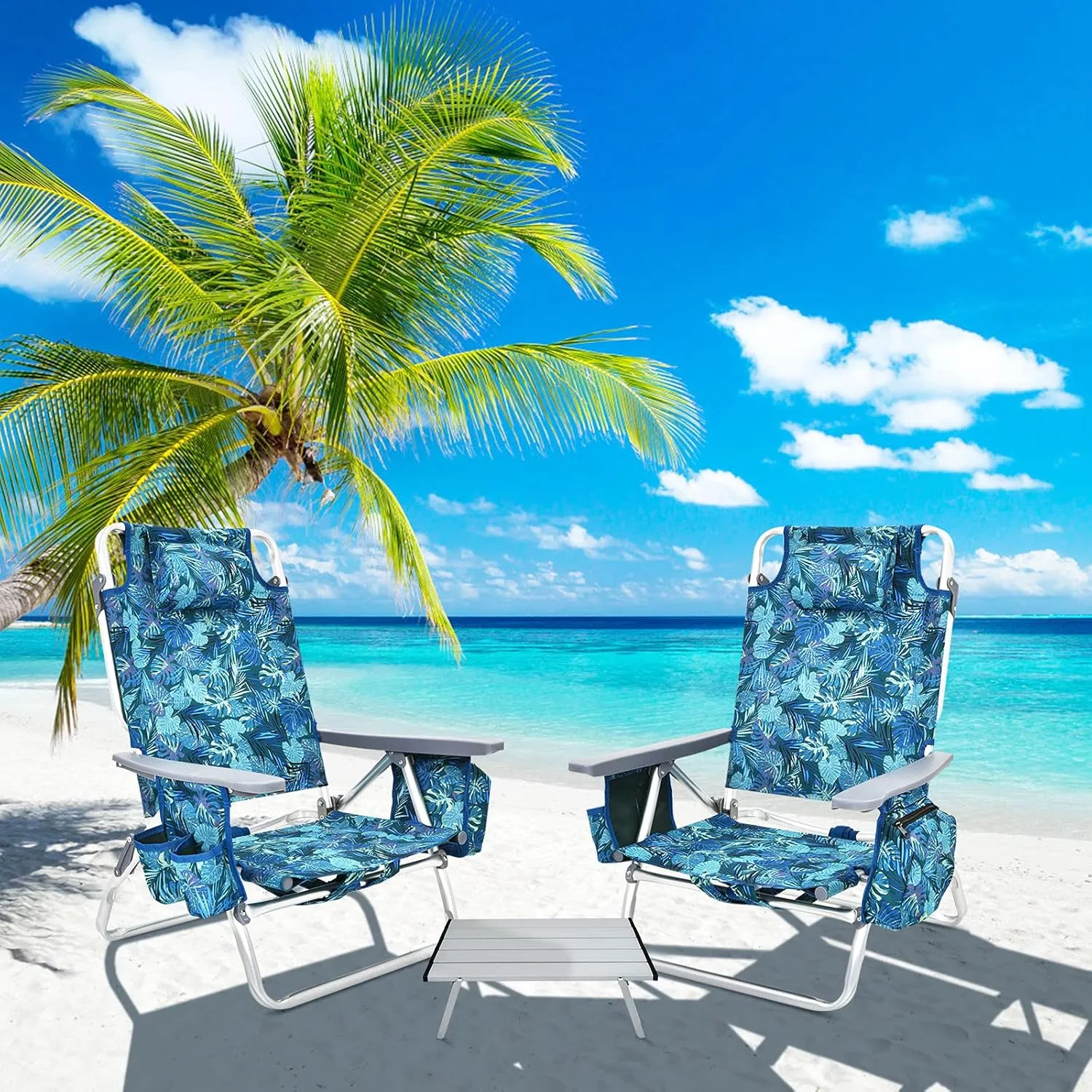 COSTWAY Backpack Beach Chairs Set, 3-Piece Portable Camping Chairs with Cup Holder, Ice Bag, 5-Position Outdoor Reclining Chairs for Adults, Travel, Sunbathing, Support 300 LBS, Navy
