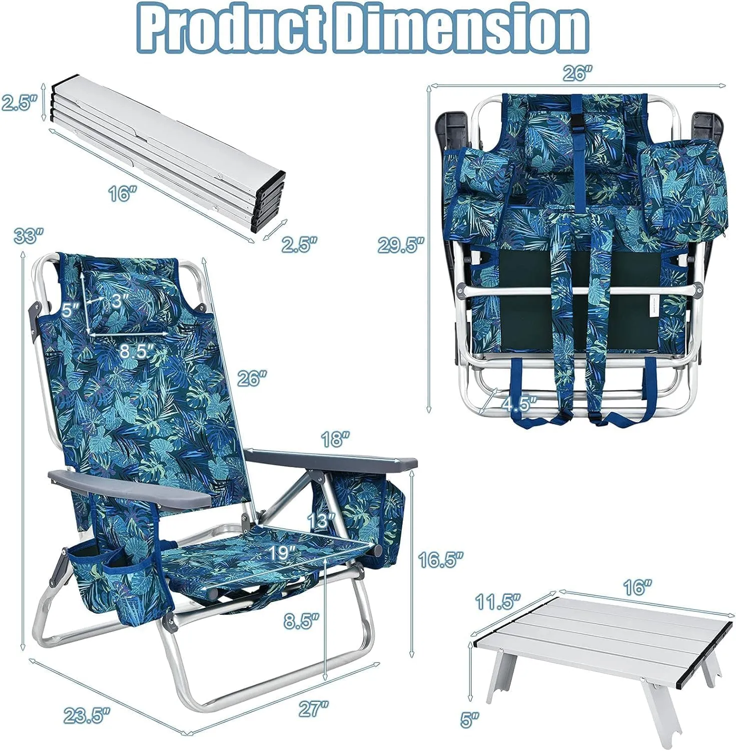 COSTWAY Backpack Beach Chairs Set, 3-Piece Portable Camping Chairs with Cup Holder, Ice Bag, 5-Position Outdoor Reclining Chairs for Adults, Travel, Sunbathing, Support 300 LBS, Navy