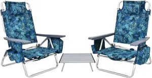 COSTWAY Backpack Beach Chairs Set, 3-Piece Portable Camping Chairs with Cup Holder, Ice Bag, 5-Position Outdoor Reclining Chairs for Adults, Travel, Sunbathing, Support 300 LBS, Navy