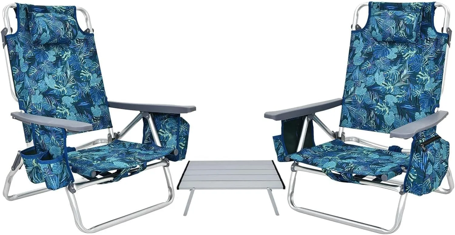 COSTWAY Backpack Beach Chairs Set, 3-Piece Portable Camping Chairs with Cup Holder, Ice Bag, 5-Position Outdoor Reclining Chairs for Adults, Travel, Sunbathing, Support 300 LBS, Navy