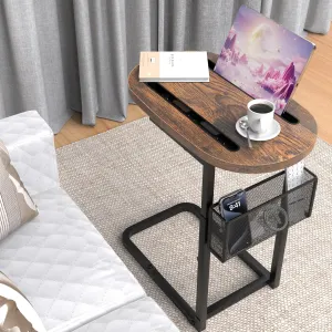 Couch Arm Table, Tv Tray Table Adjustable Height with Storage Baskets, C Table for Sofa with Tablet Dual Slot, for Sofa, Bedside, TV Watching, Meals, Snacks, and Laptop Use