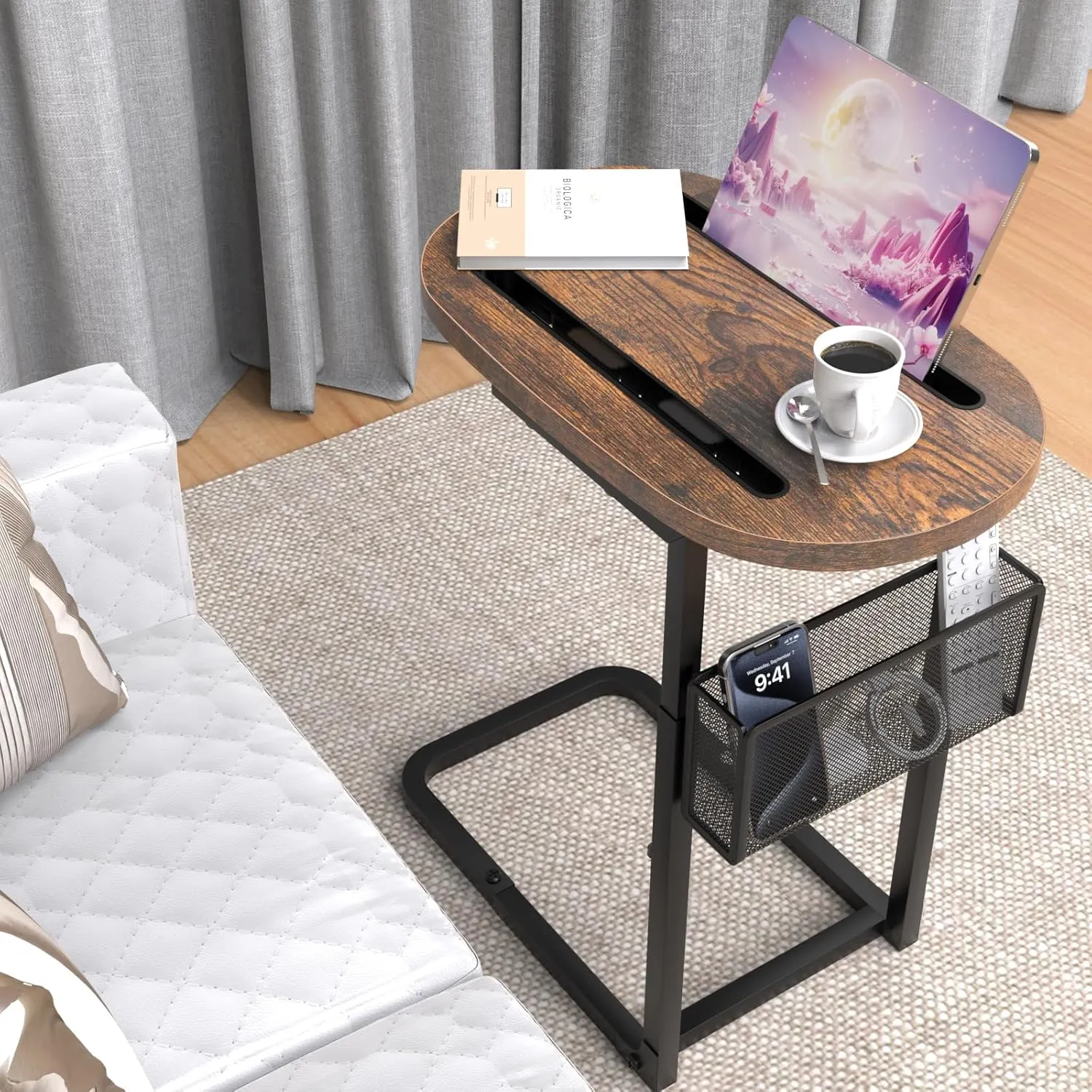 Couch Arm Table, Tv Tray Table Adjustable Height with Storage Baskets, C Table for Sofa with Tablet Dual Slot, for Sofa, Bedside, TV Watching, Meals, Snacks, and Laptop Use