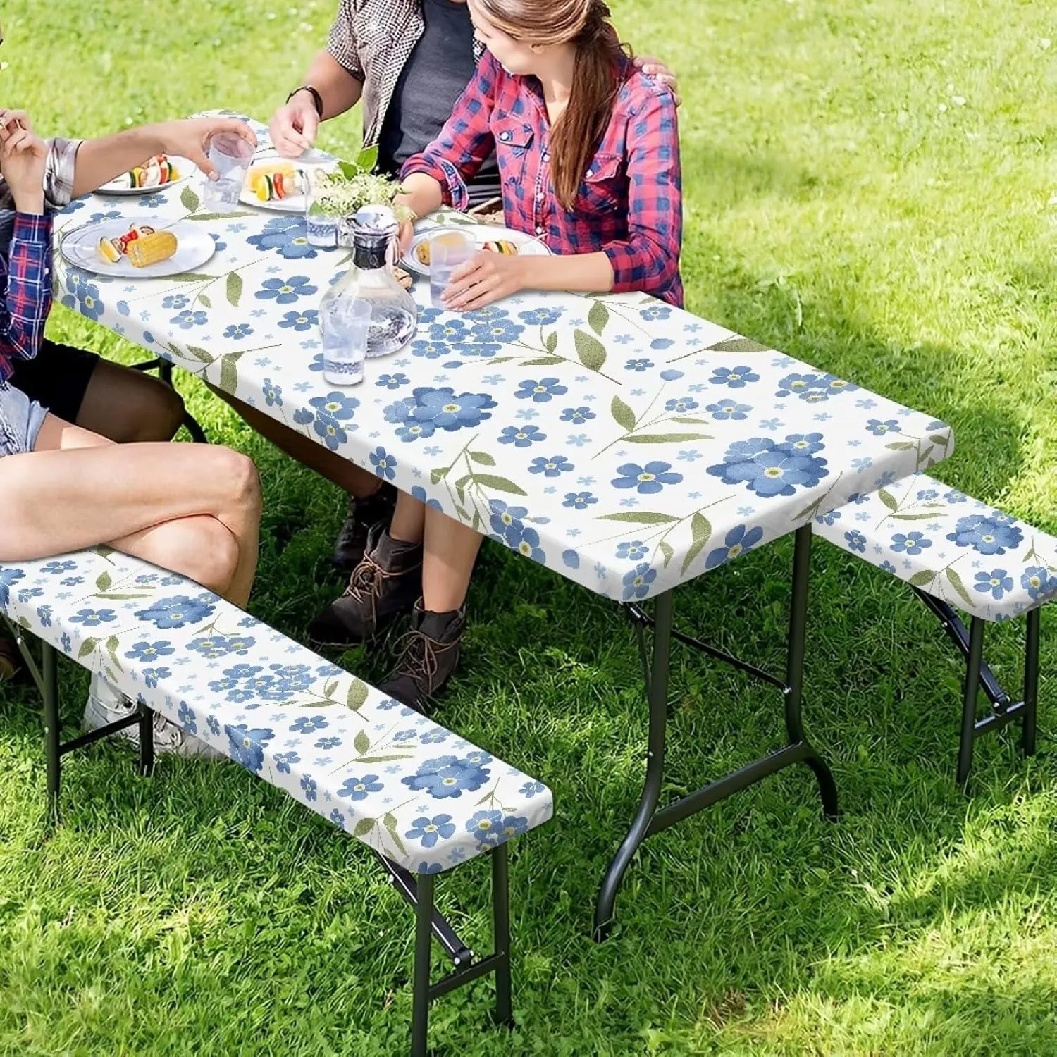 Covers for Picnic Table Blue Floral Camping Essentials Tablecloth with Elastic 72x30 Inch Fitted Rectangle 6 ft Table Cloth Aesthetic Travel Accessories RV Gear Must Haves Camper Gifts