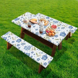 Covers for Picnic Table Blue Floral Camping Essentials Tablecloth with Elastic 72x30 Inch Fitted Rectangle 6 ft Table Cloth Aesthetic Travel Accessories RV Gear Must Haves Camper Gifts