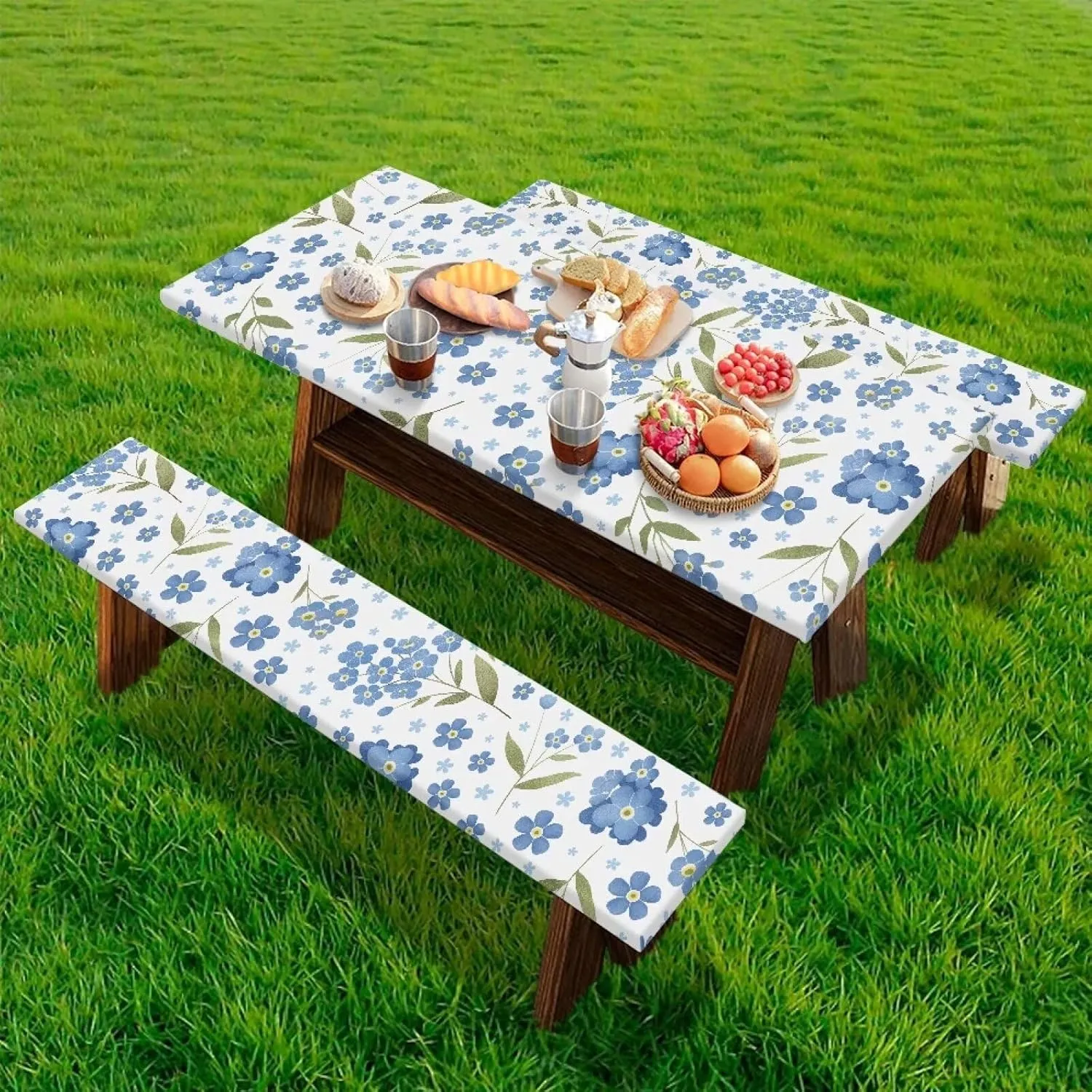 Covers for Picnic Table Blue Floral Camping Essentials Tablecloth with Elastic 72x30 Inch Fitted Rectangle 6 ft Table Cloth Aesthetic Travel Accessories RV Gear Must Haves Camper Gifts