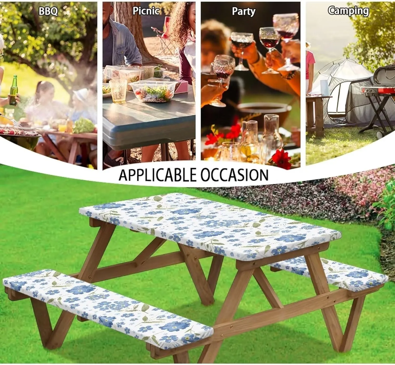 Covers for Picnic Table Blue Floral Camping Essentials Tablecloth with Elastic 72x30 Inch Fitted Rectangle 6 ft Table Cloth Aesthetic Travel Accessories RV Gear Must Haves Camper Gifts