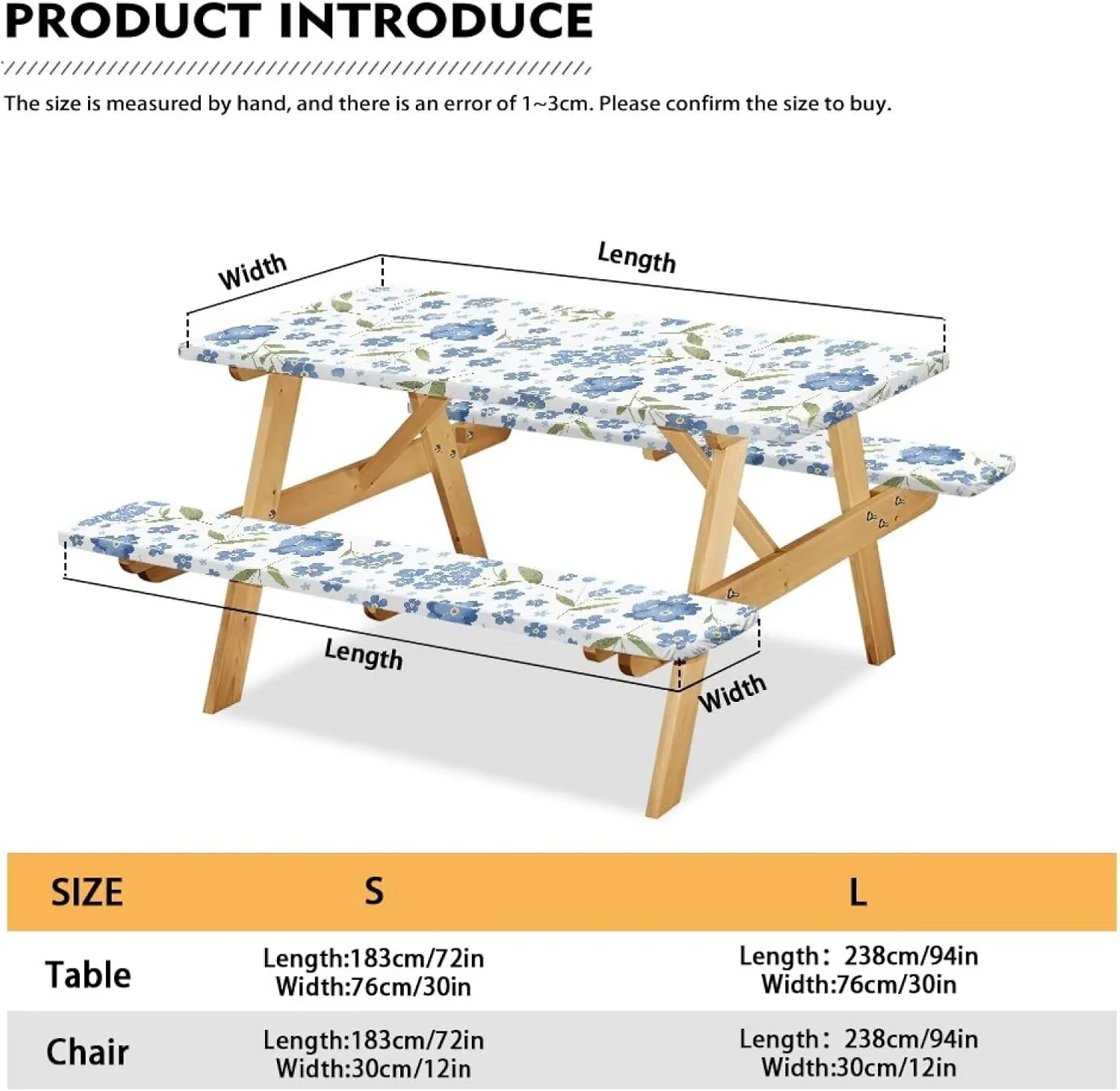 Covers for Picnic Table Blue Floral Camping Essentials Tablecloth with Elastic 72x30 Inch Fitted Rectangle 6 ft Table Cloth Aesthetic Travel Accessories RV Gear Must Haves Camper Gifts
