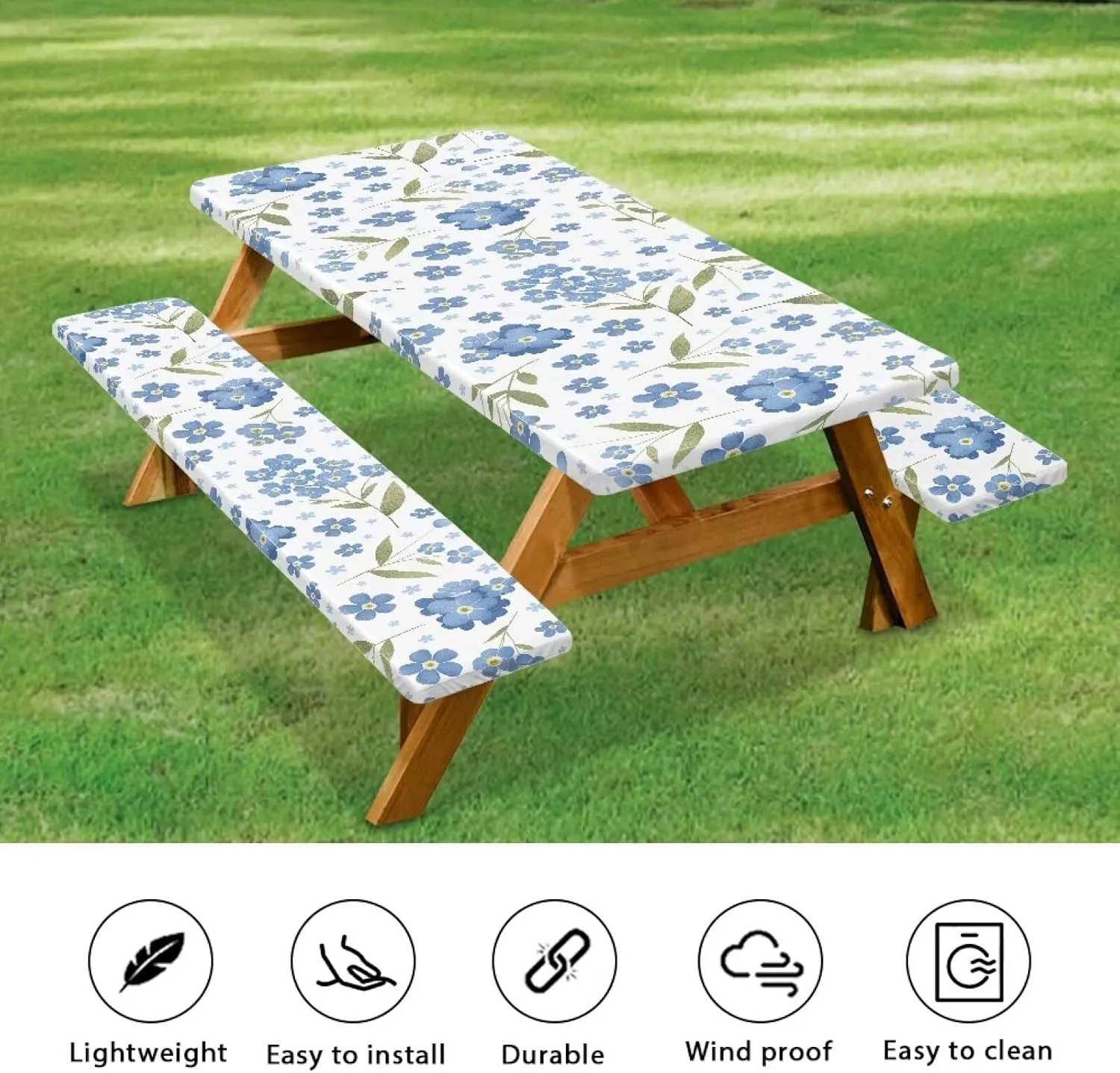 Covers for Picnic Table Blue Floral Camping Essentials Tablecloth with Elastic 72x30 Inch Fitted Rectangle 6 ft Table Cloth Aesthetic Travel Accessories RV Gear Must Haves Camper Gifts