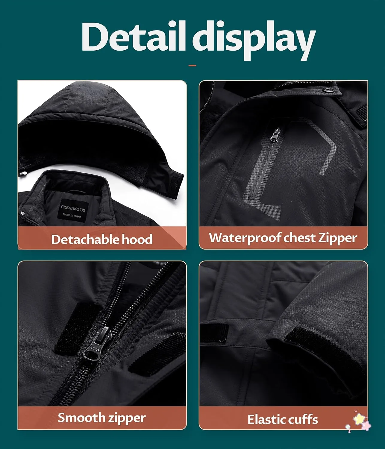 CREATMO US Boy's Waterproof Ski Jacket Warm Winter Snow Coat Windproof Snowboarding Rain Jacket