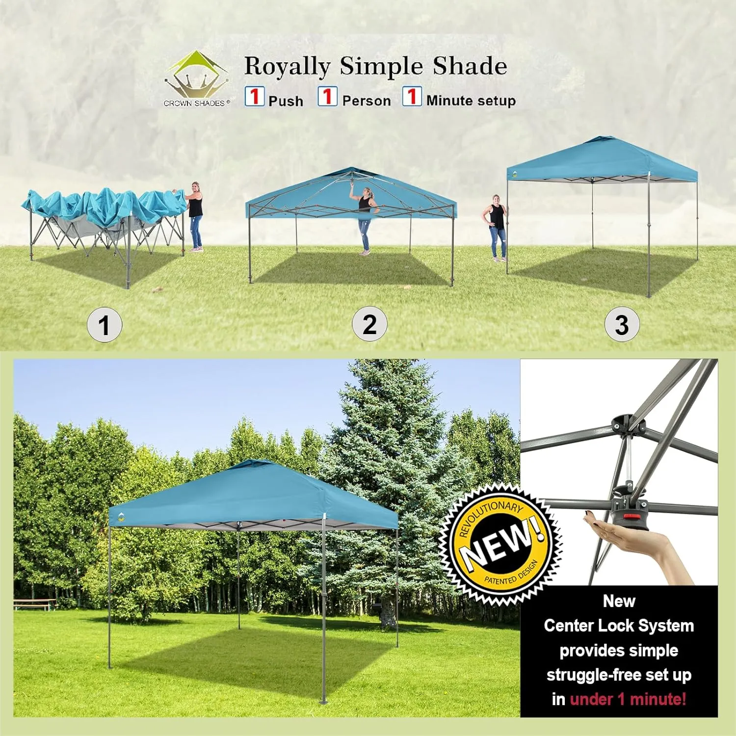 CROWN SHADES 10x10 Canopy Tent, Pop Up Beach Tent for Outdoor Shades with Wheeled Bag, 8 Stakes, 4 Ropes, Outdoor Canopy, Cyan Blue