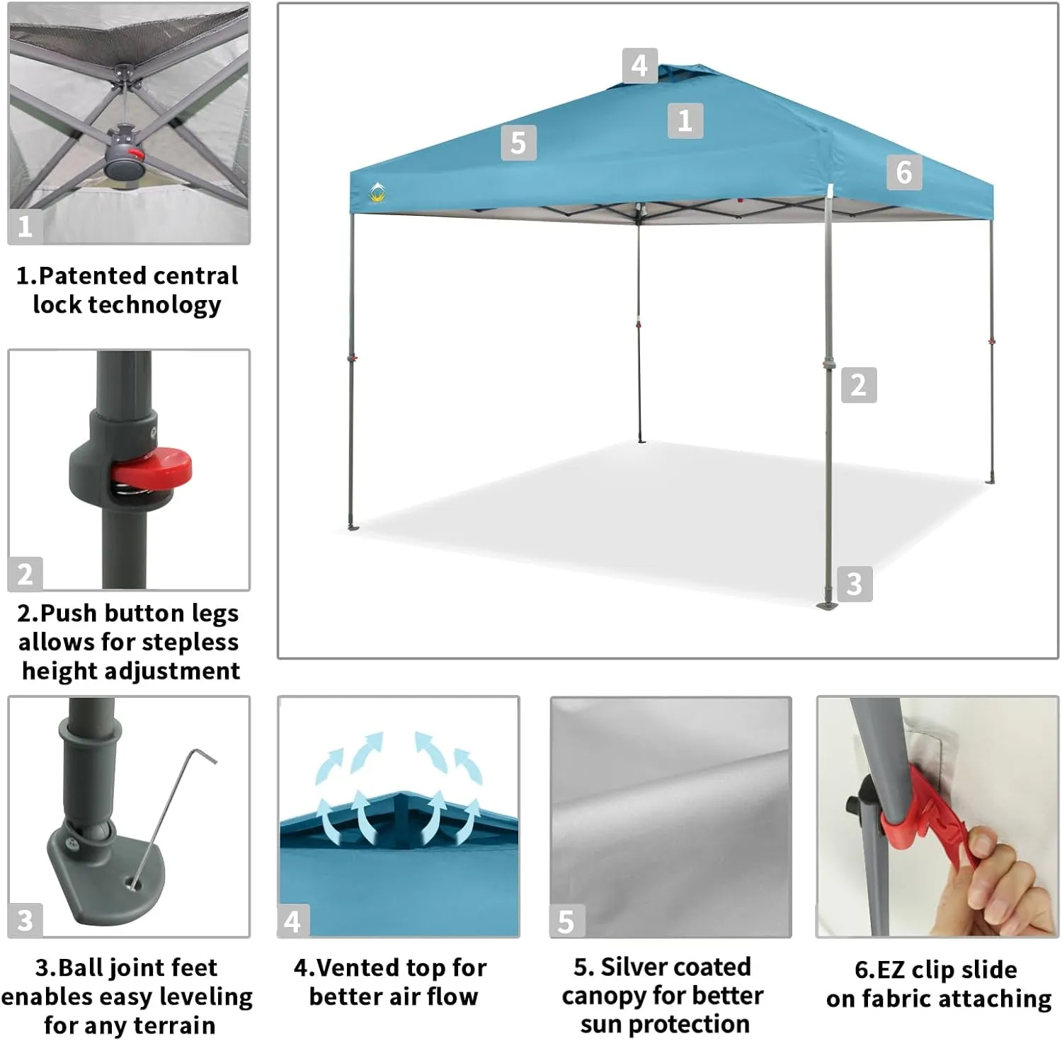 CROWN SHADES 10x10 Canopy Tent, Pop Up Beach Tent for Outdoor Shades with Wheeled Bag, 8 Stakes, 4 Ropes, Outdoor Canopy, Cyan Blue