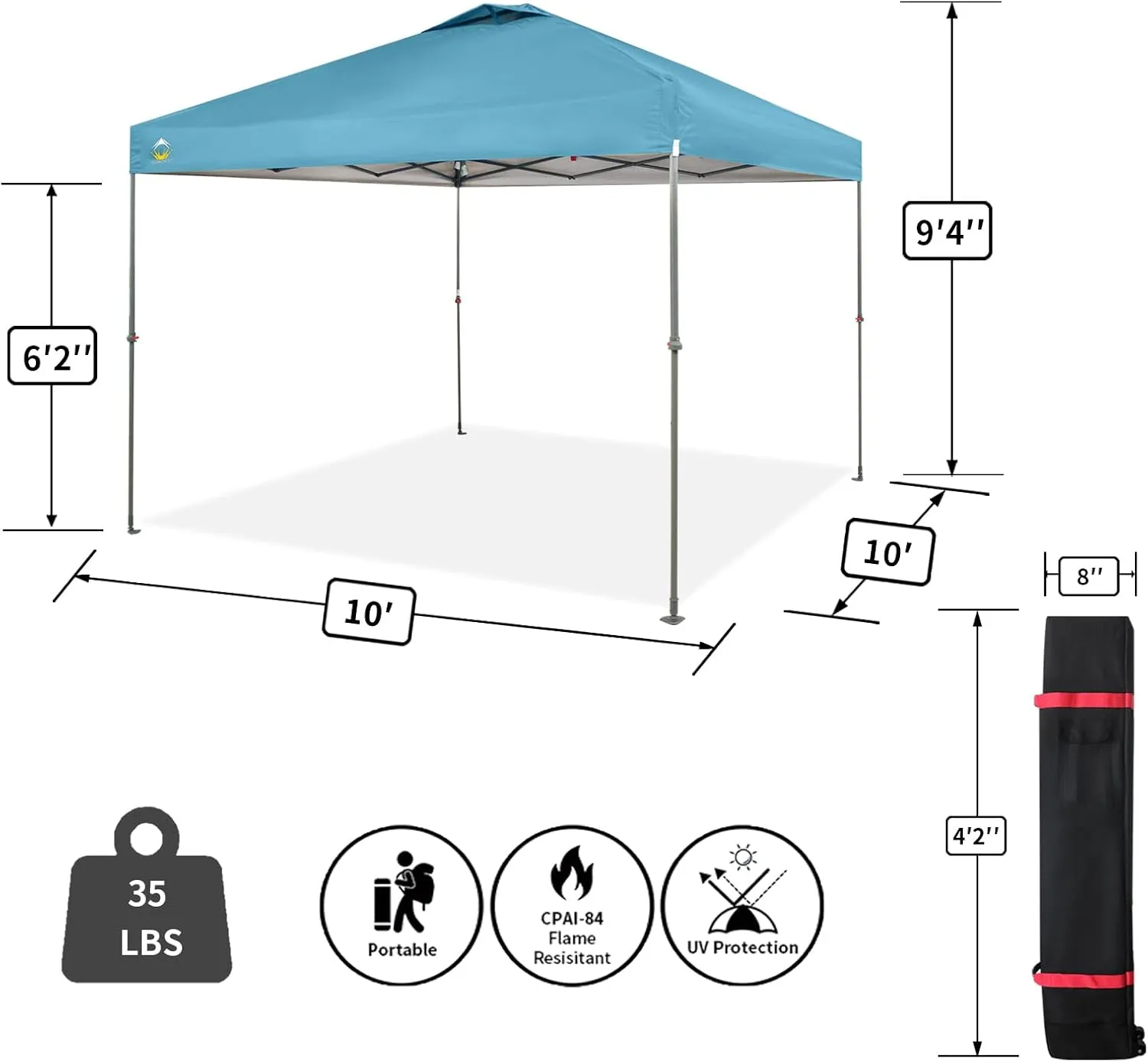 CROWN SHADES 10x10 Canopy Tent, Pop Up Beach Tent for Outdoor Shades with Wheeled Bag, 8 Stakes, 4 Ropes, Outdoor Canopy, Cyan Blue