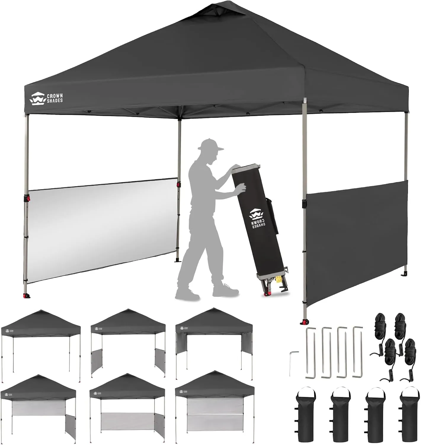 CROWN SHADES 10x10 Pop up Canopy Tent Instant Canopy with 150D Silver Coated Fabric Including 2 Half Sidewalls, 4 Ropes, 8 Stakes, 4 Weight Bags, STO 'N Go Bag, Black