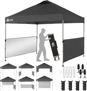 CROWN SHADES 10x10 Pop up Canopy Tent Instant Canopy with 150D Silver Coated Fabric Including 2 Half Sidewalls, 4 Ropes, 8 Stakes, 4 Weight Bags, STO 'N Go Bag, Black