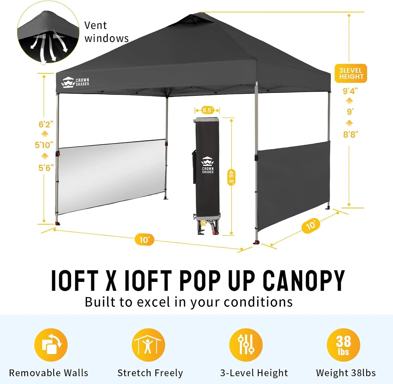 CROWN SHADES 10x10 Pop up Canopy Tent Instant Canopy with 150D Silver Coated Fabric Including 2 Half Sidewalls, 4 Ropes, 8 Stakes, 4 Weight Bags, STO 'N Go Bag, Black