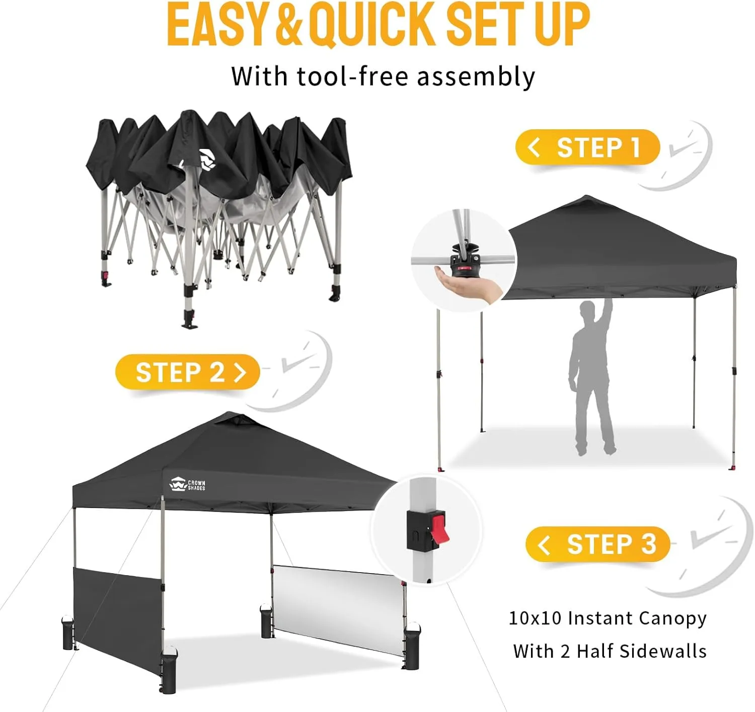 CROWN SHADES 10x10 Pop up Canopy Tent Instant Canopy with 150D Silver Coated Fabric Including 2 Half Sidewalls, 4 Ropes, 8 Stakes, 4 Weight Bags, STO 'N Go Bag, Black