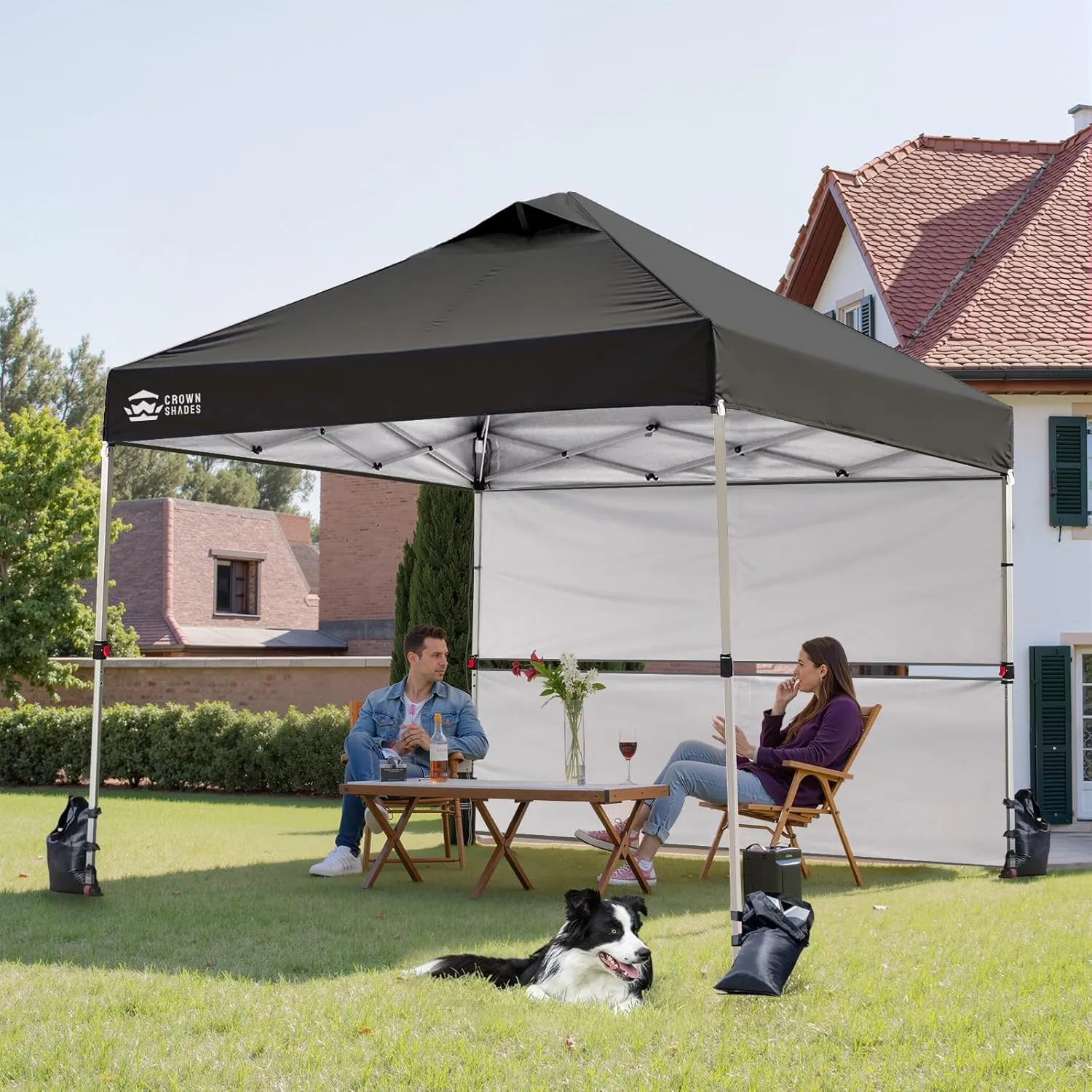 CROWN SHADES 10x10 Pop up Canopy Tent Instant Canopy with 150D Silver Coated Fabric Including 2 Half Sidewalls, 4 Ropes, 8 Stakes, 4 Weight Bags, STO 'N Go Bag, Black