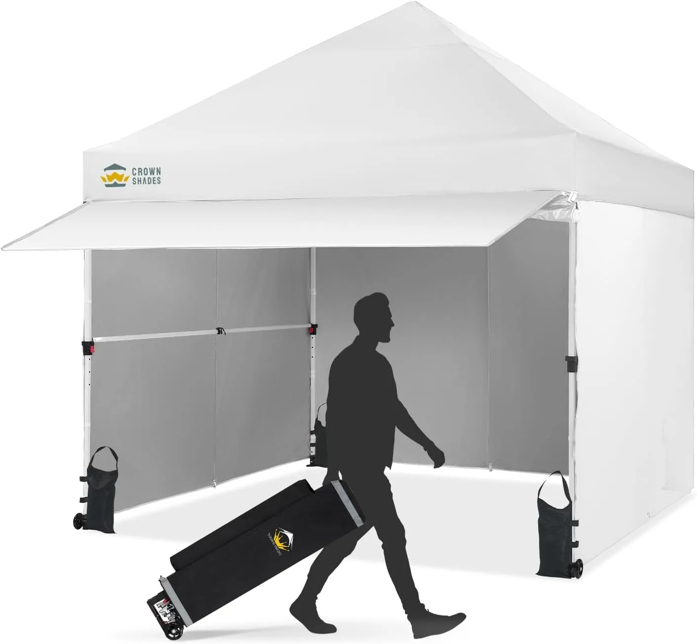 CROWN SHADES 10x10 Pop Up Canopy Tent with 4 Sidewalls, Instant Commercial Tent with 1-Person Setup Patended Centerlock, 400D Silver Coated Fabric, 4" Wheels, Sto'N Go Bag,White