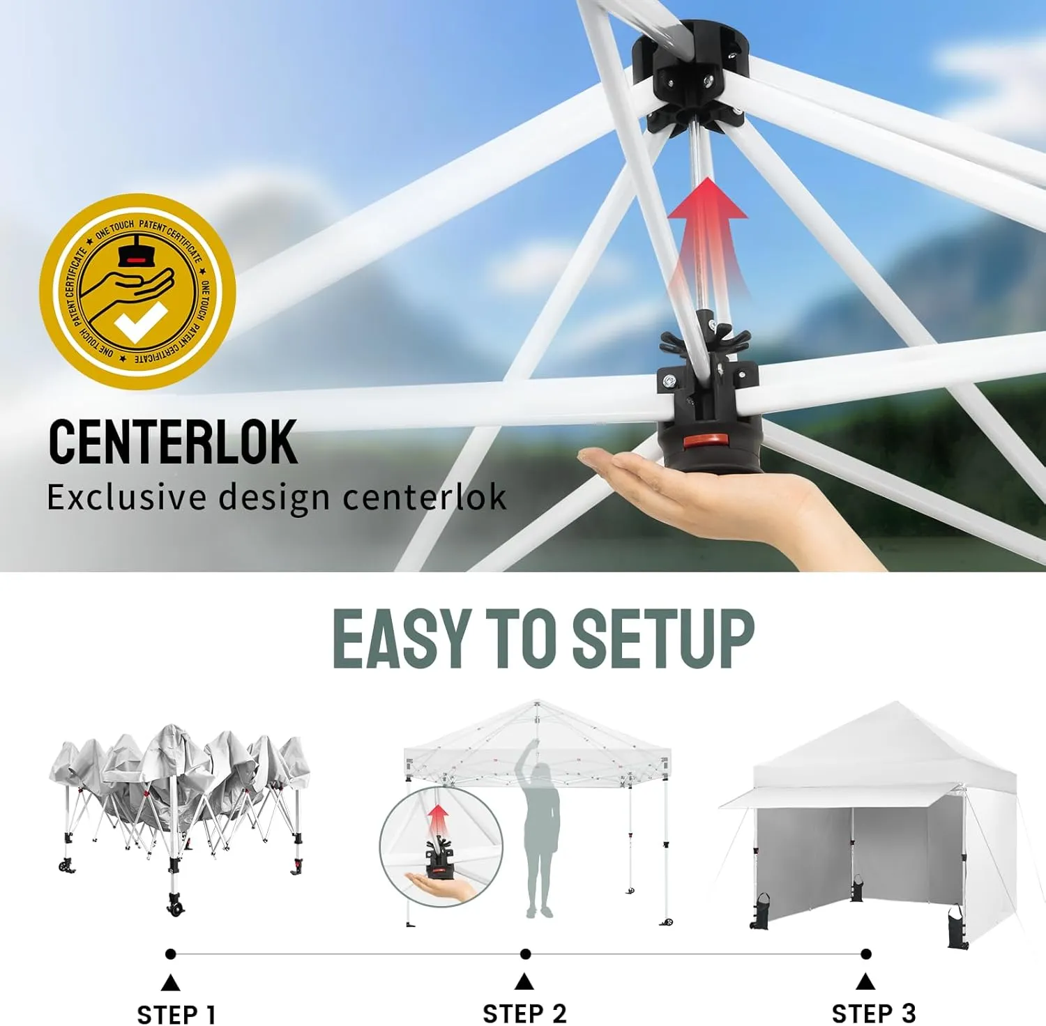 CROWN SHADES 10x10 Pop Up Canopy Tent with 4 Sidewalls, Instant Commercial Tent with 1-Person Setup Patended Centerlock, 400D Silver Coated Fabric, 4" Wheels, Sto'N Go Bag,White