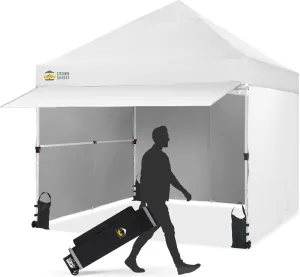 CROWN SHADES 10x10 Pop Up Canopy Tent with 4 Sidewalls, Instant Commercial Tent with 1-Person Setup Patended Centerlock, 400D Silver Coated Fabric, 4" Wheels, Sto'N Go Bag,White