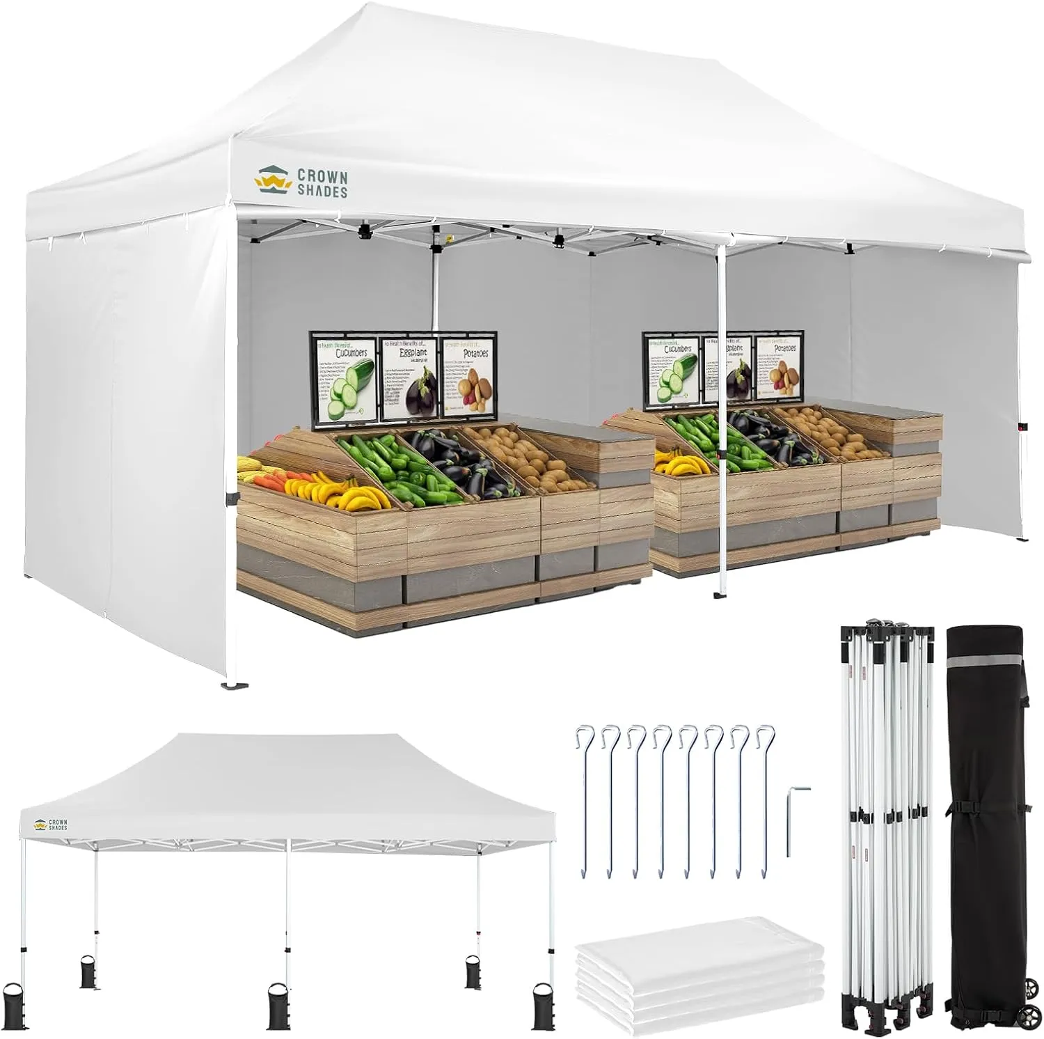CROWN SHADES 10x20 Pop Up Canopy Tent, Thicken Frame Commercial Heavy Duty Tent, 4 Sidewalls 8 Stakes & 4 Sandbags & 4 Ropes, Outdoor Canopies for Events, Parties,White