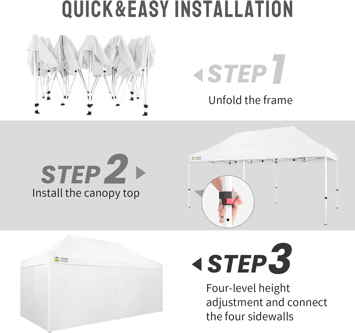 CROWN SHADES 10x20 Pop Up Canopy Tent, Thicken Frame Commercial Heavy Duty Tent, 4 Sidewalls 8 Stakes & 4 Sandbags & 4 Ropes, Outdoor Canopies for Events, Parties,White