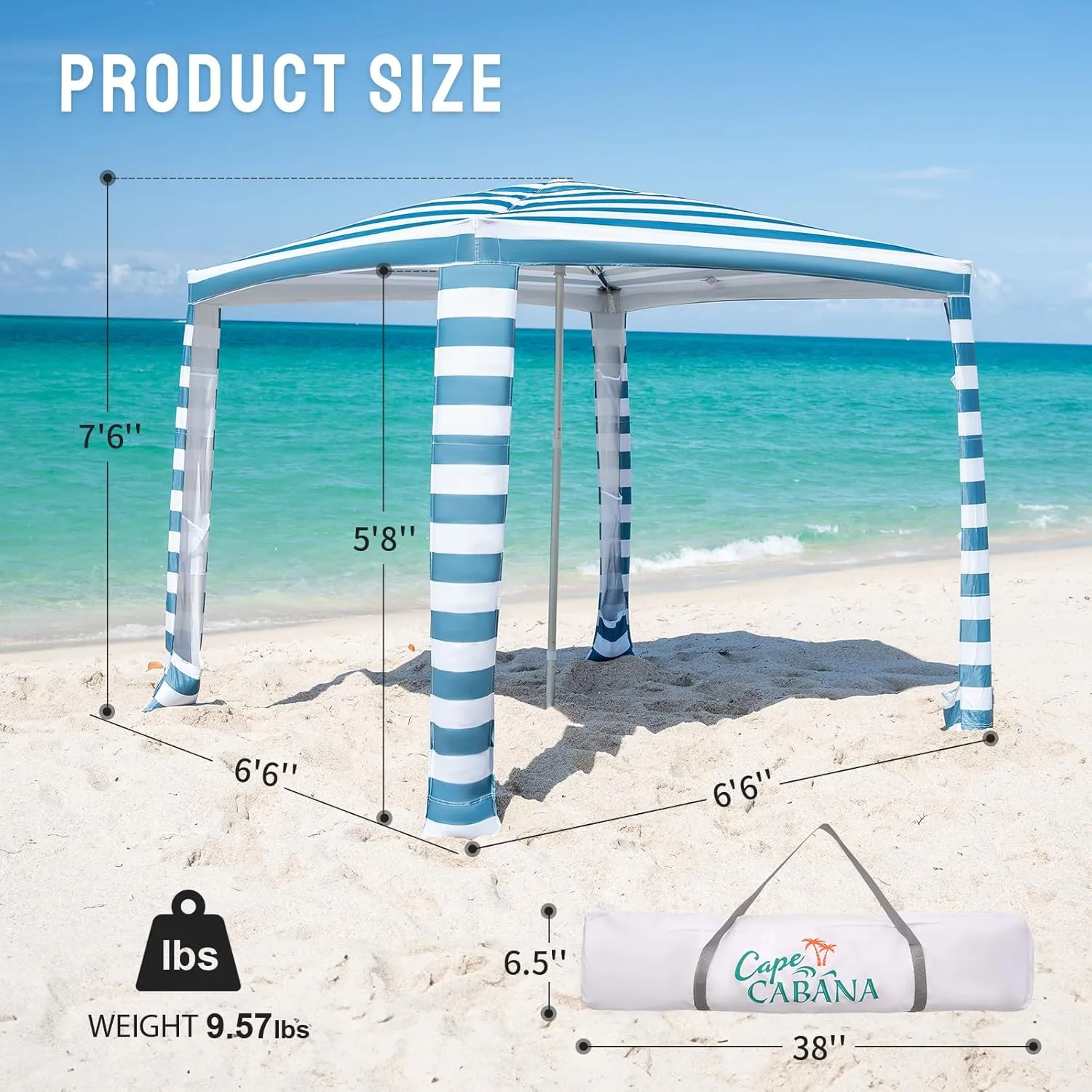 CROWN SHADES Beach Canopy Cabana 6.5 x 6.5, Cool Cabana Beach Tent Easy Pop Up - Beach Cabanas for Sand - UPF50  Protection with Sidewall and More Pockets, Cyan Blue