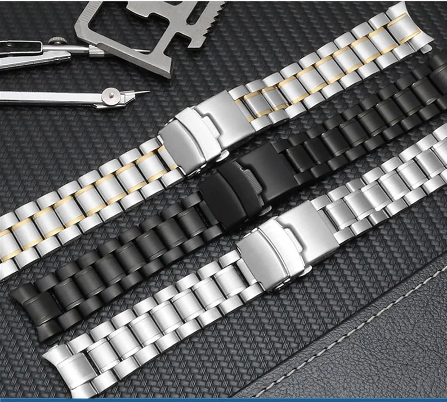 Curved End Replacement Watch Band 18mm 20mm 22mm 24mm Stainless Steel Watchband Double Lock Buckle Wrist Belt Watch Strap