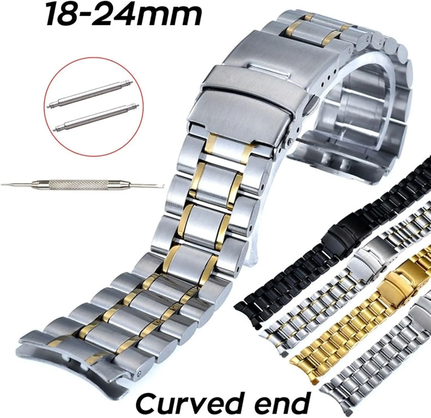 Curved End Replacement Watch Band 18mm 20mm 22mm 24mm Stainless Steel Watchband Double Lock Buckle Wrist Belt Watch Strap