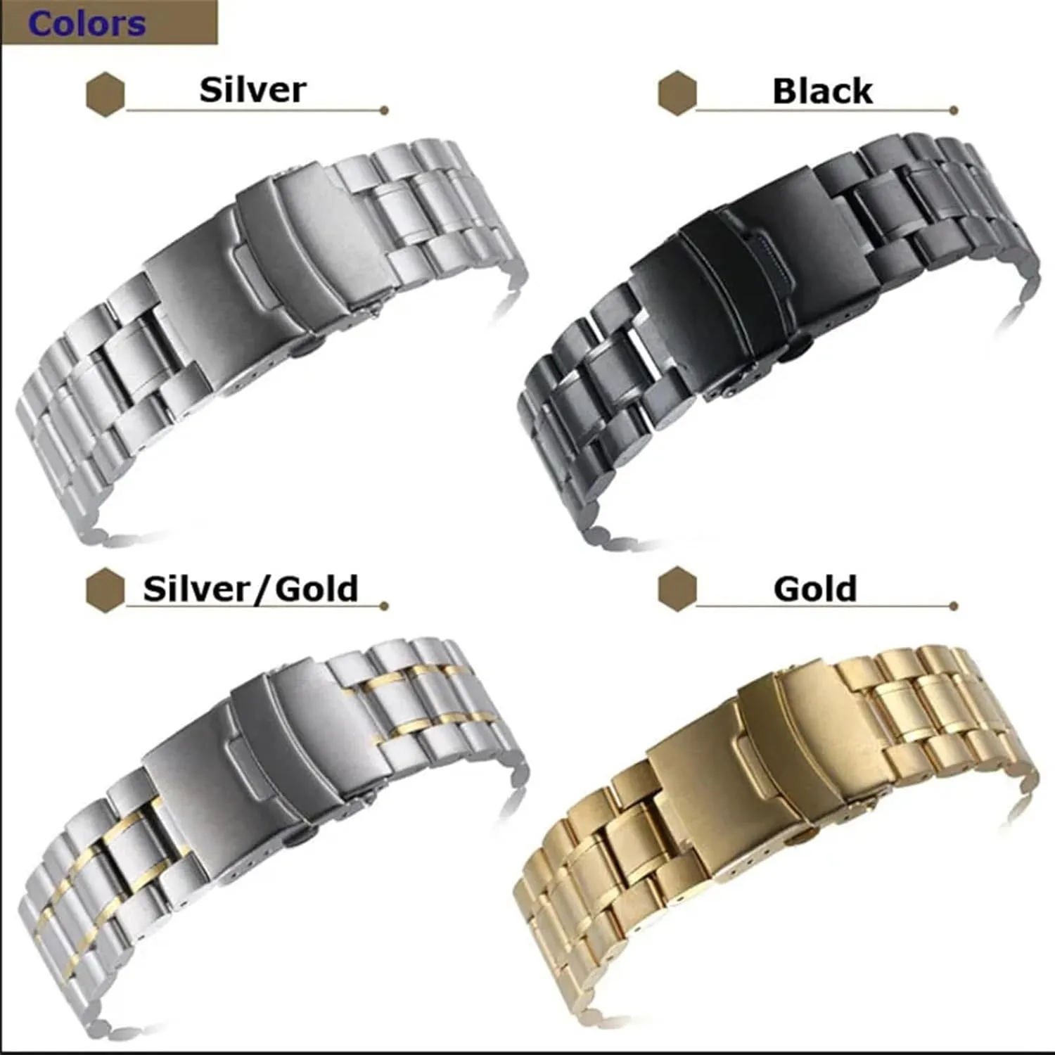 Curved End Replacement Watch Band 18mm 20mm 22mm 24mm Stainless Steel Watchband Double Lock Buckle Wrist Belt Watch Strap