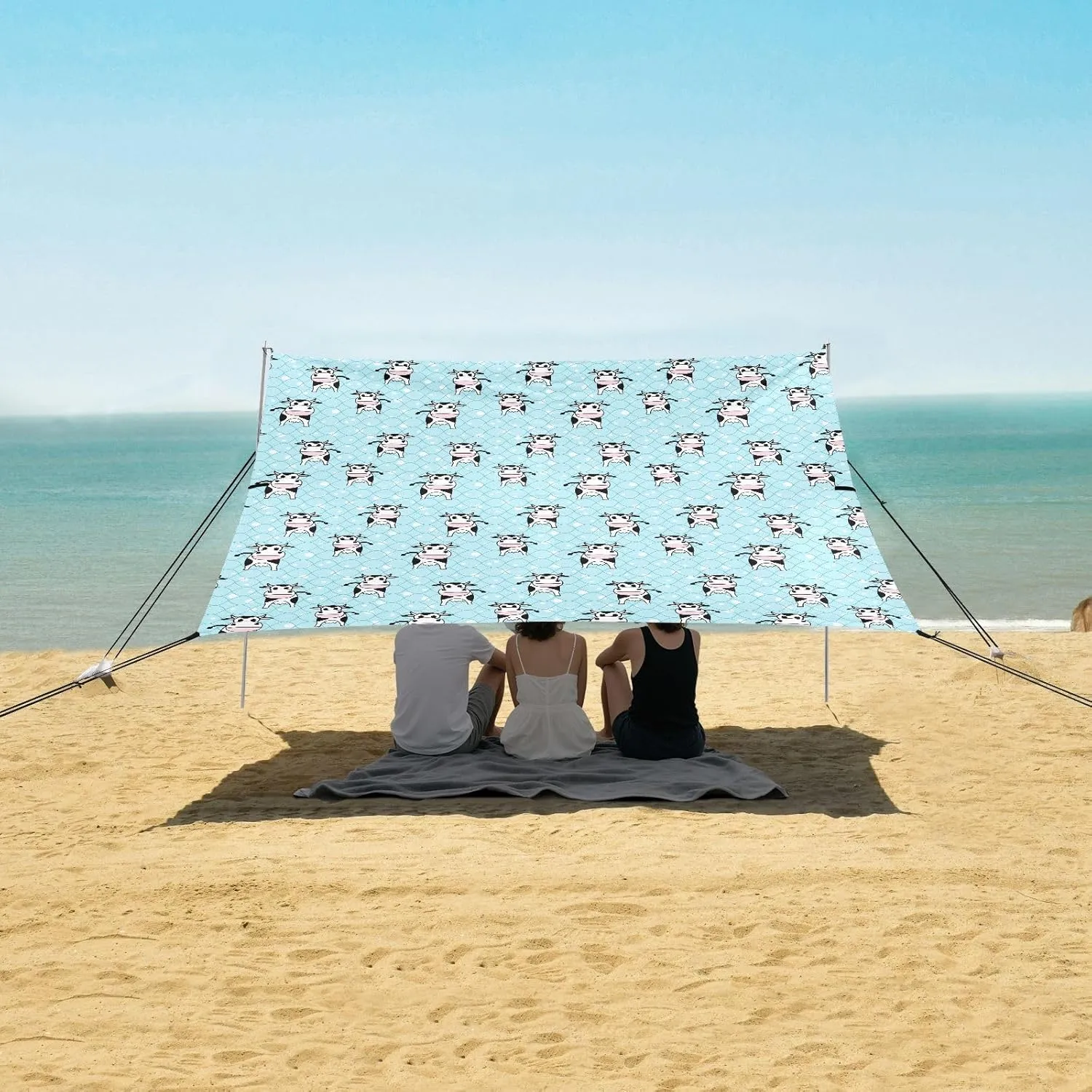 Cute Cows Mermaid Scale Beach Canopy Tent Anti-UV & Wind Resistant, Camping Sun Shelter Easy Setup Portable,Outdoor Shade Tents with Sandbags,Sand Shovels,Ground Pegs & Stability Poles