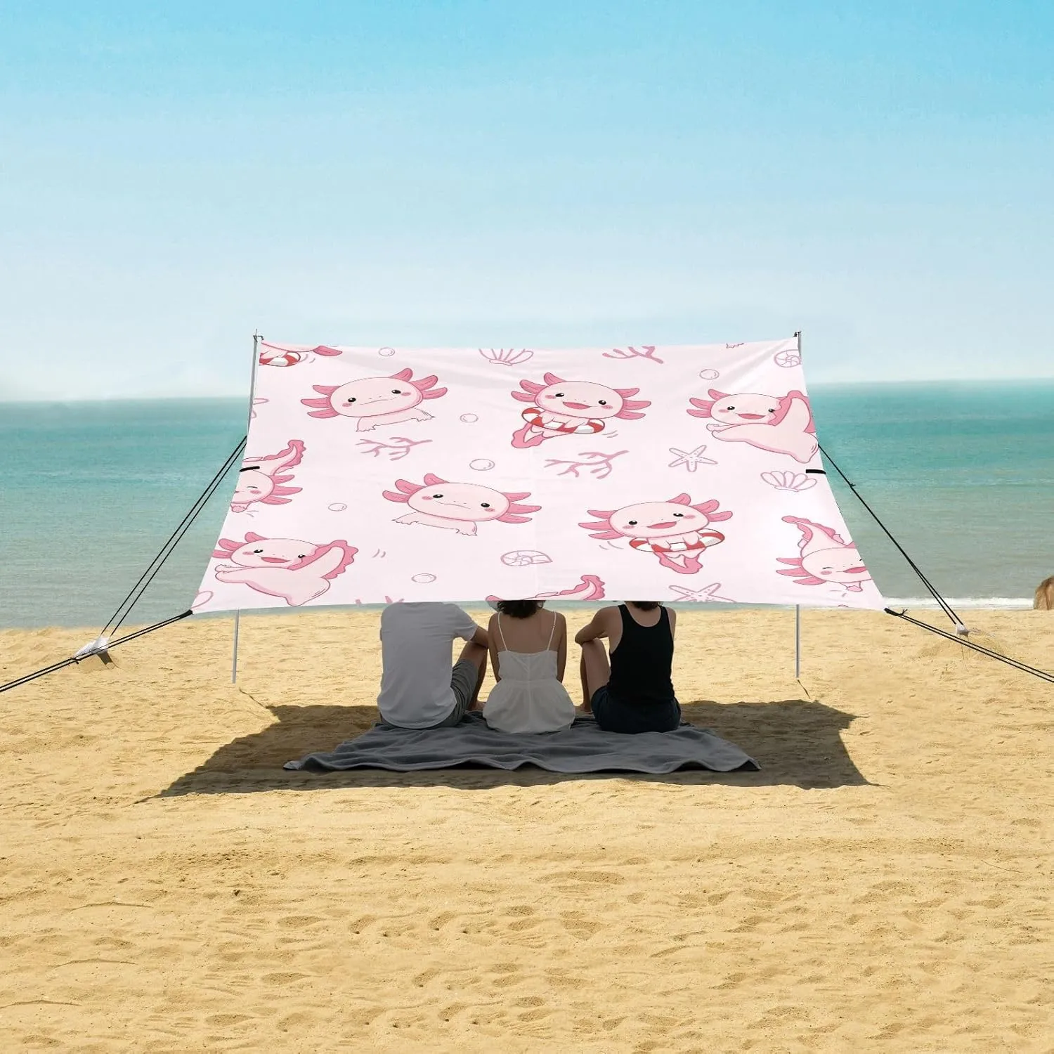 Cute Kawaii Little Axolotl Beach Canopy Tent Anti-UV & Wind Resistant, Camping Sun Shelter Easy Setup Portable,Outdoor Shade Tents with Sandbags,Sand Shovels,Ground Pegs & Stability Poles
