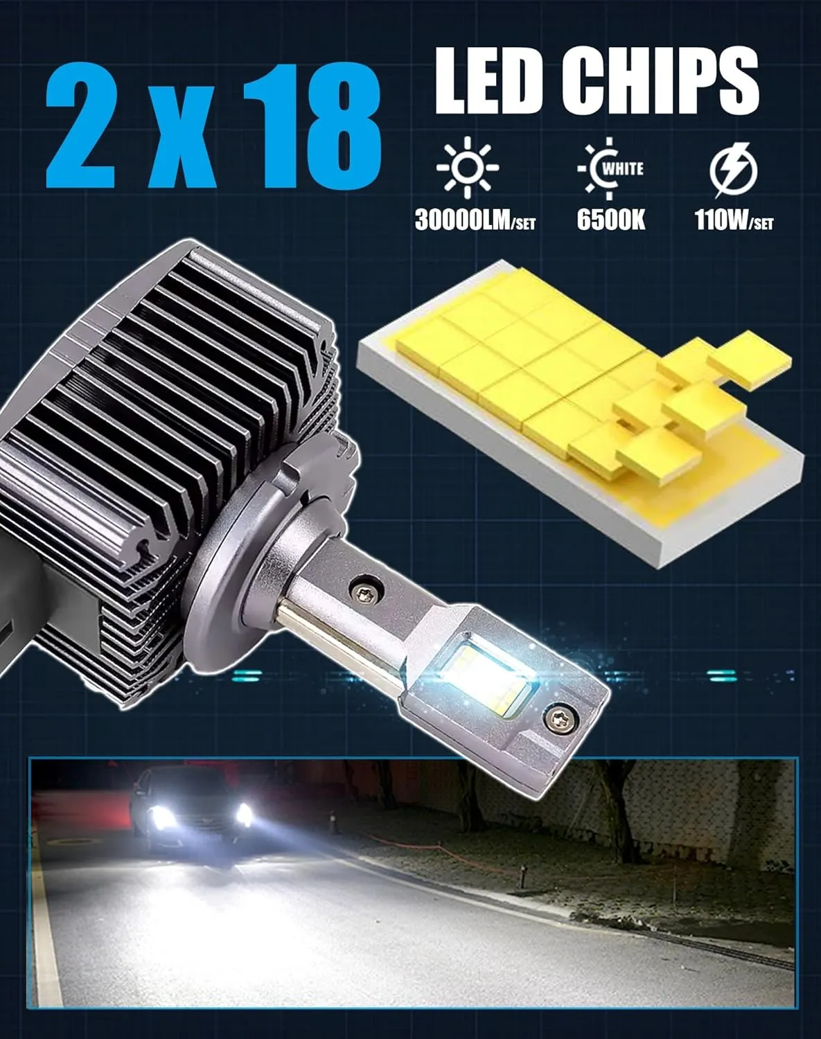 D1S D1R D1C LED Bulbs 110W 30000Lm Super Bright 6500K Cool White Built-in Fan and 2 Thermally Conductive Copper Tubes Plug and Play Fog Lamp 2pcs