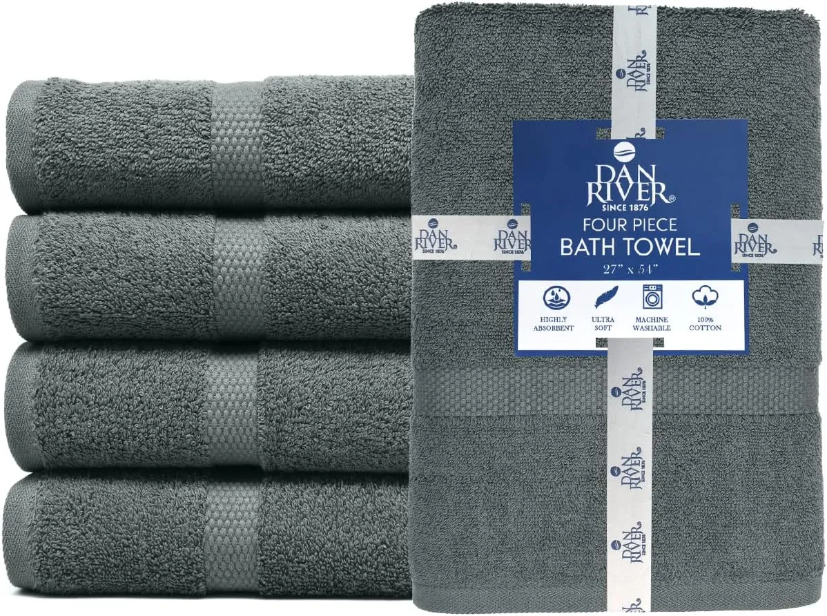 DAN RIVER 100% Ring Spun Cotton Premium Bath Towels, 27x54 inches, Pack of 4, Grey, 550 GSM - Soft, Lightweight, Highly Absorbent Towels for Bathroom, Spa, Gym, Perfect for Daily use