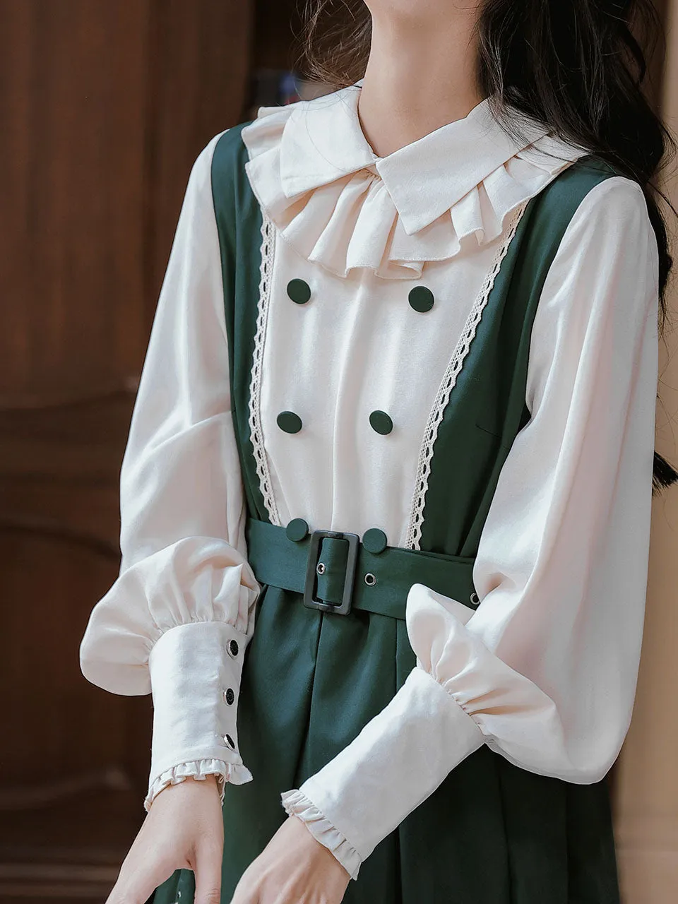 Dark Green Long Lantern Sleeves Edwardian Ruffle Dress