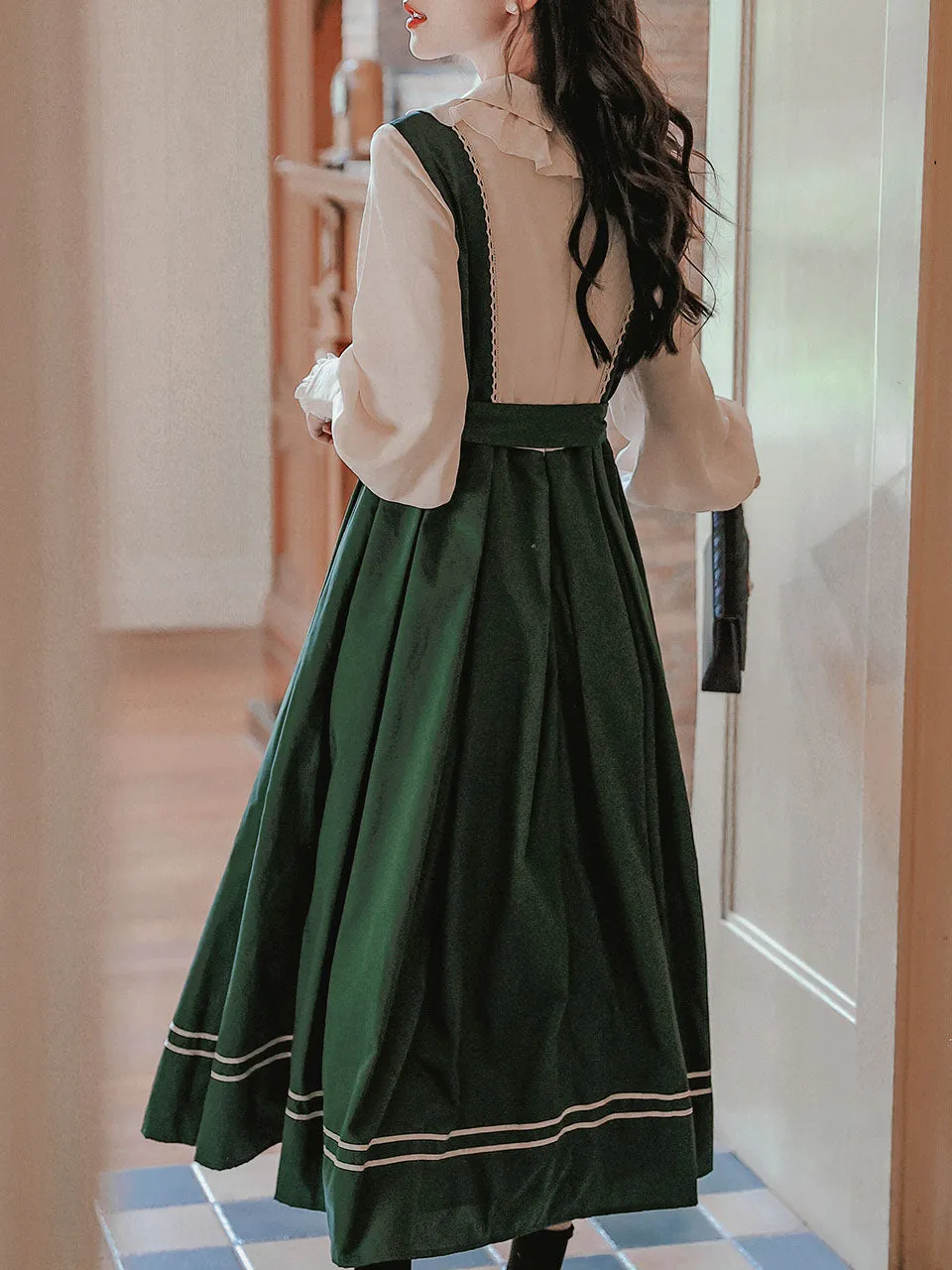 Dark Green Long Lantern Sleeves Edwardian Ruffle Dress