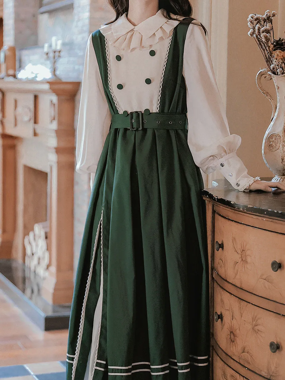 Dark Green Long Lantern Sleeves Edwardian Ruffle Dress