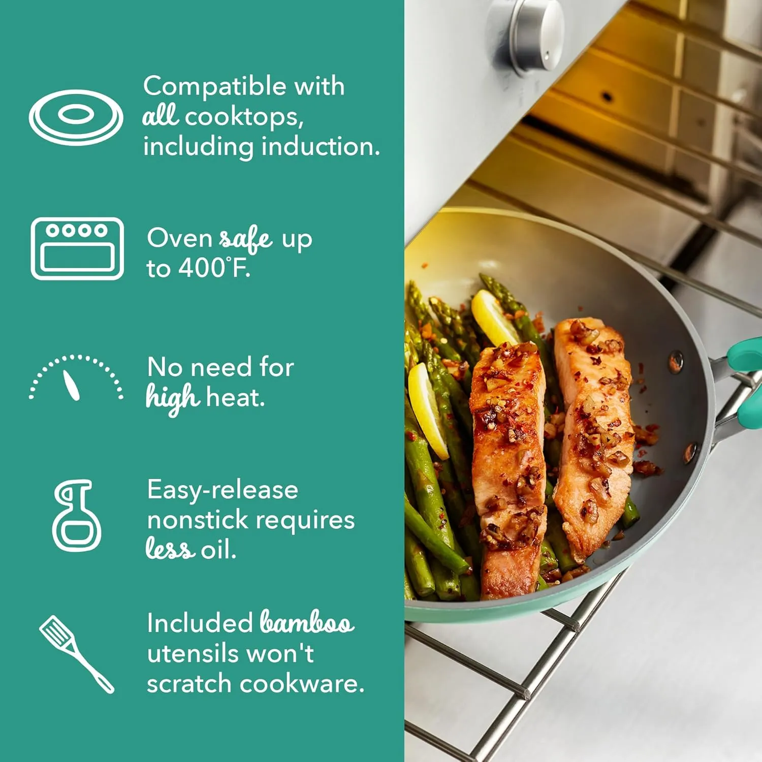 DASH Dream Green Nonstick Ceramic Cookware Set, 15 Piece, Aqua Green - Recycled Aluminum and Ceramic, Nonstick Cookware Set, Oven Safe and Compatible with All Cooktops