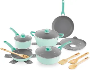 DASH Dream Green Nonstick Ceramic Cookware Set, 15 Piece, Aqua Green - Recycled Aluminum and Ceramic, Nonstick Cookware Set, Oven Safe and Compatible with All Cooktops