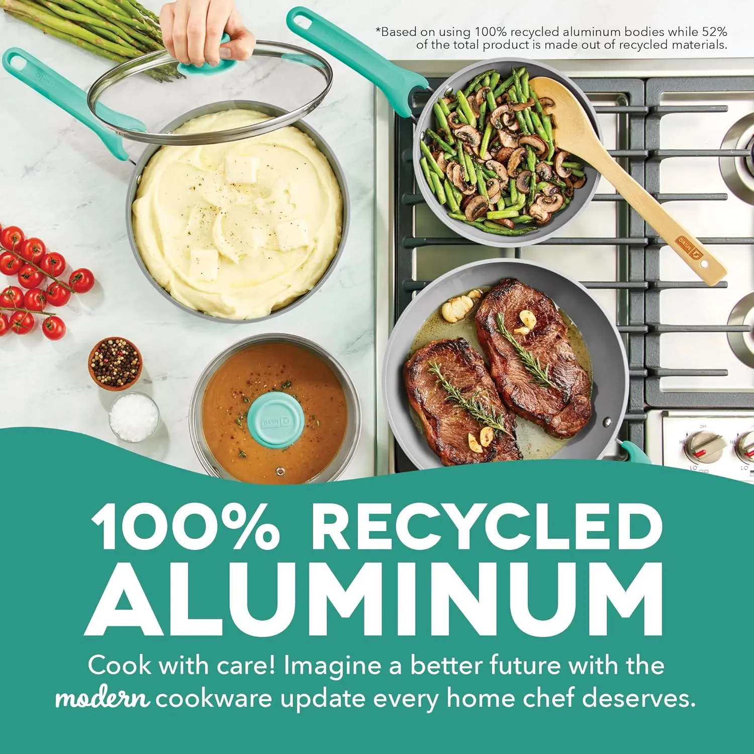 DASH Dream Green Nonstick Ceramic Cookware Set, 15 Piece, Aqua Green - Recycled Aluminum and Ceramic, Nonstick Cookware Set, Oven Safe and Compatible with All Cooktops