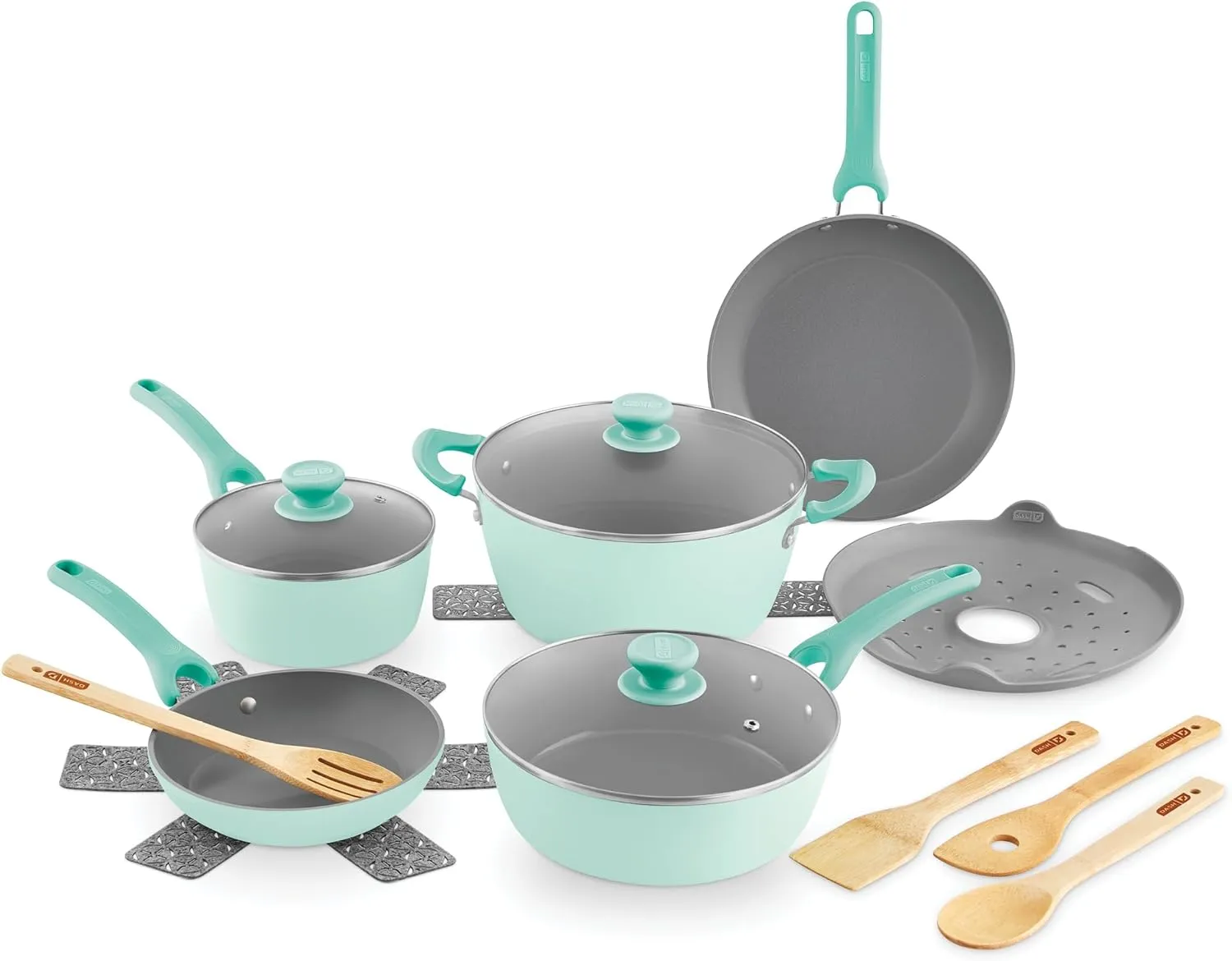 DASH Dream Green Nonstick Ceramic Cookware Set, 15 Piece, Aqua Green - Recycled Aluminum and Ceramic, Nonstick Cookware Set, Oven Safe and Compatible with All Cooktops