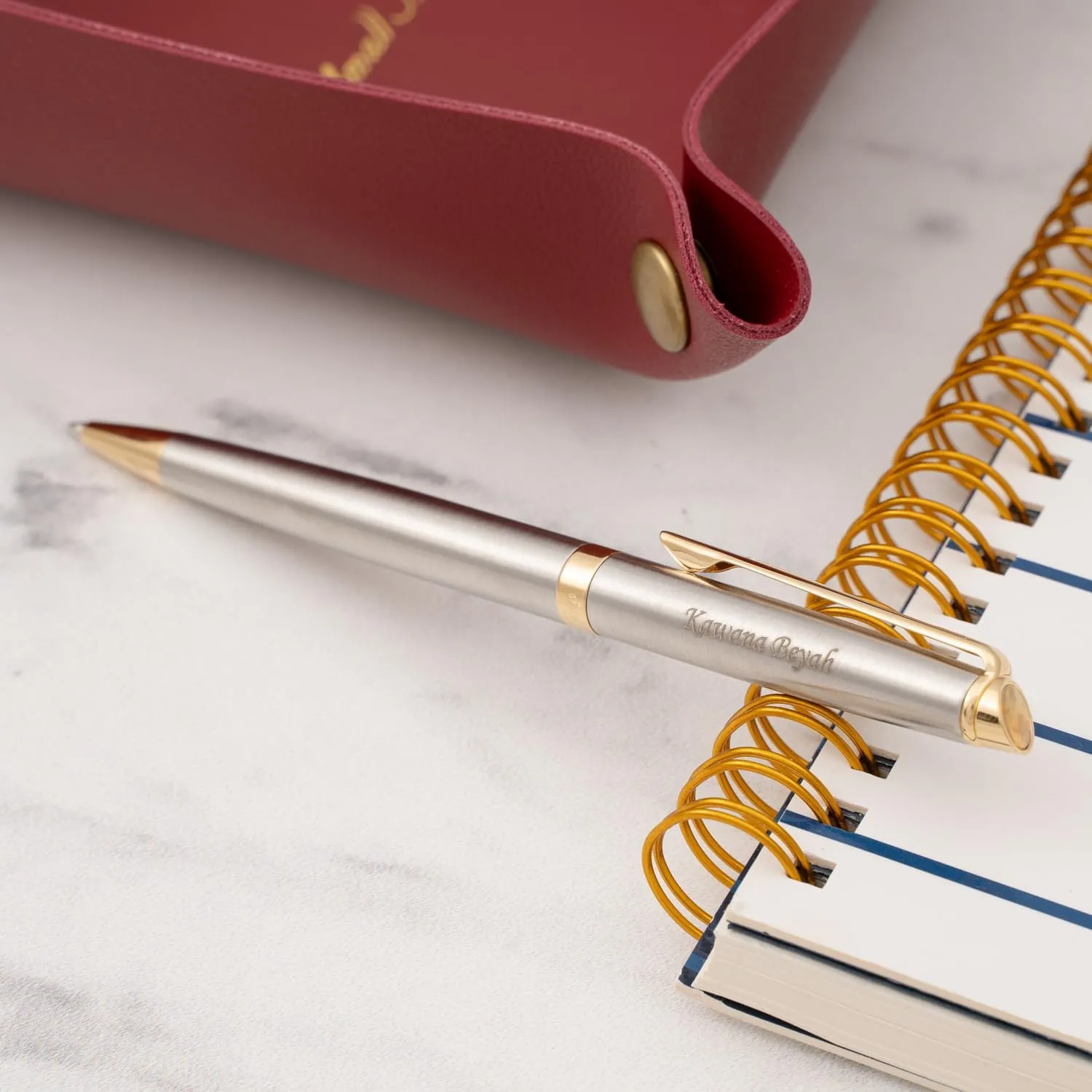 Dayspring Pens Personalized Waterman Pen | Engraved Waterman Hemisphere Stainless Gold Trim Ballpoint Pen. Personalized and Shipped in One Business Day