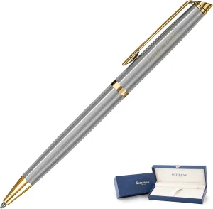 Dayspring Pens Personalized Waterman Pen | Engraved Waterman Hemisphere Stainless Gold Trim Ballpoint Pen. Personalized and Shipped in One Business Day