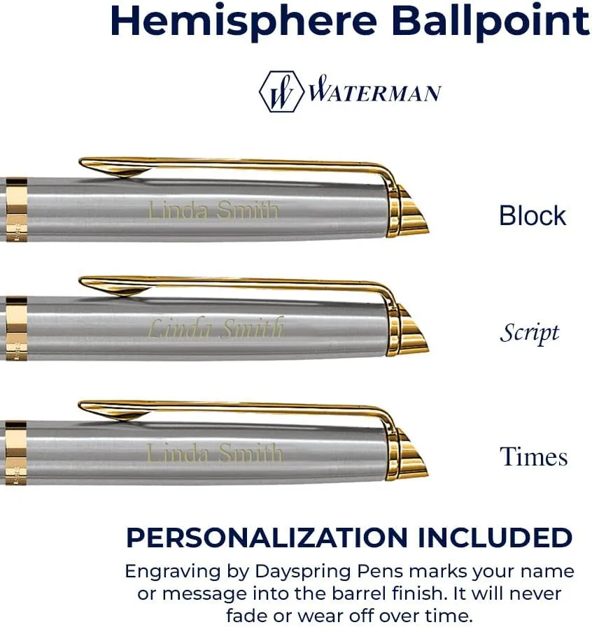 Dayspring Pens Personalized Waterman Pen | Engraved Waterman Hemisphere Stainless Gold Trim Ballpoint Pen. Personalized and Shipped in One Business Day