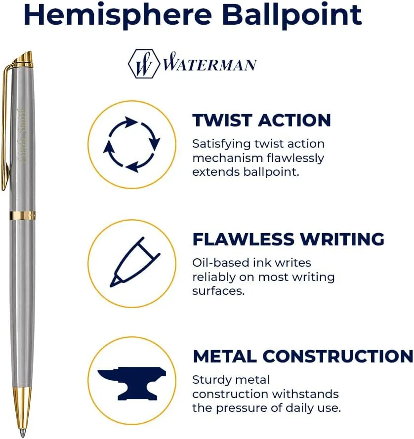 Dayspring Pens Personalized Waterman Pen | Engraved Waterman Hemisphere Stainless Gold Trim Ballpoint Pen. Personalized and Shipped in One Business Day