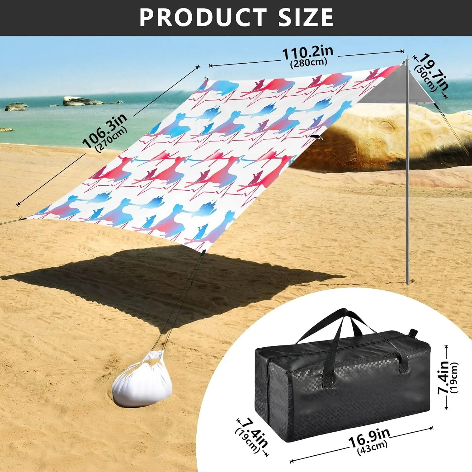 Deer Cat Heartbeat Line Canopy Beach Tent Sun Shade Outdoor Patio Decorative Camping Sun Shelter 9.2 × 10.5 FT Wind Sail Shade with Anchor Poles Easy up