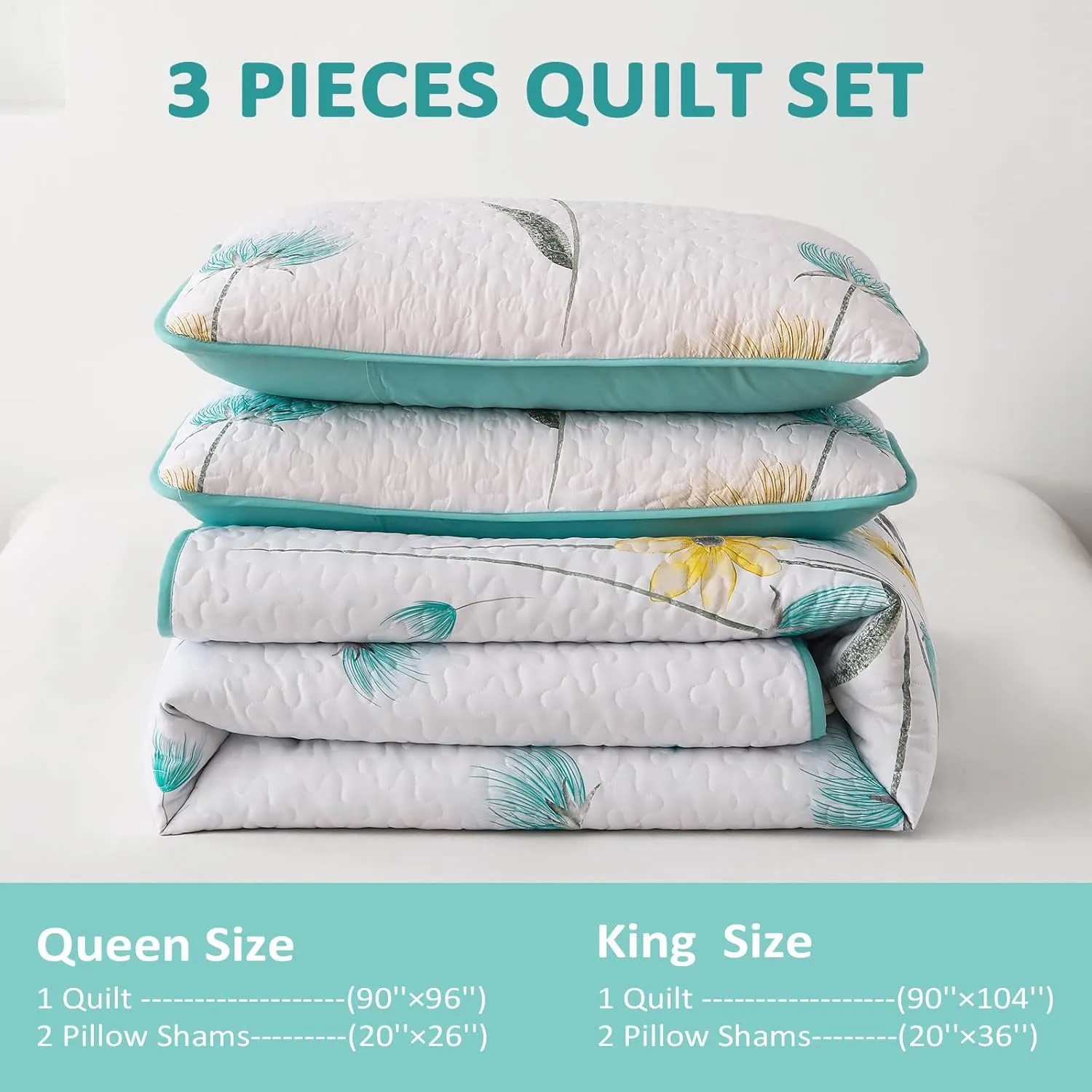 Dinjoy Floral Quilt Set Queen,Aqua Bedspread Queen Size 3 Pieces Lightweight Farmhouse Bedding Set Summer Quilts Soft Flower Bedspreads White Coverlet Sets for All Season