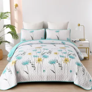 Dinjoy Floral Quilt Set Queen,Aqua Bedspread Queen Size 3 Pieces Lightweight Farmhouse Bedding Set Summer Quilts Soft Flower Bedspreads White Coverlet Sets for All Season